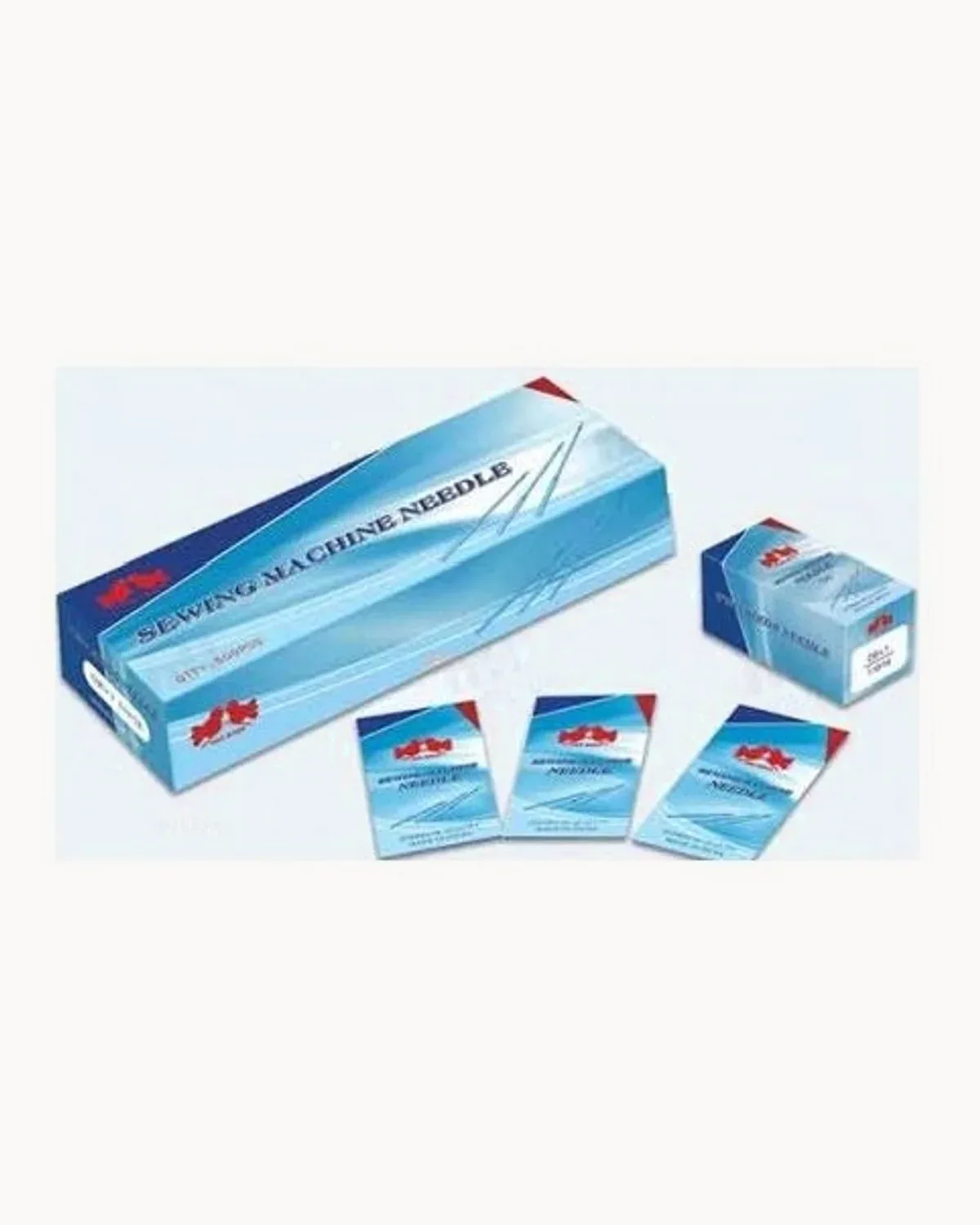 A blue sewing machine needle carton with small retail packets