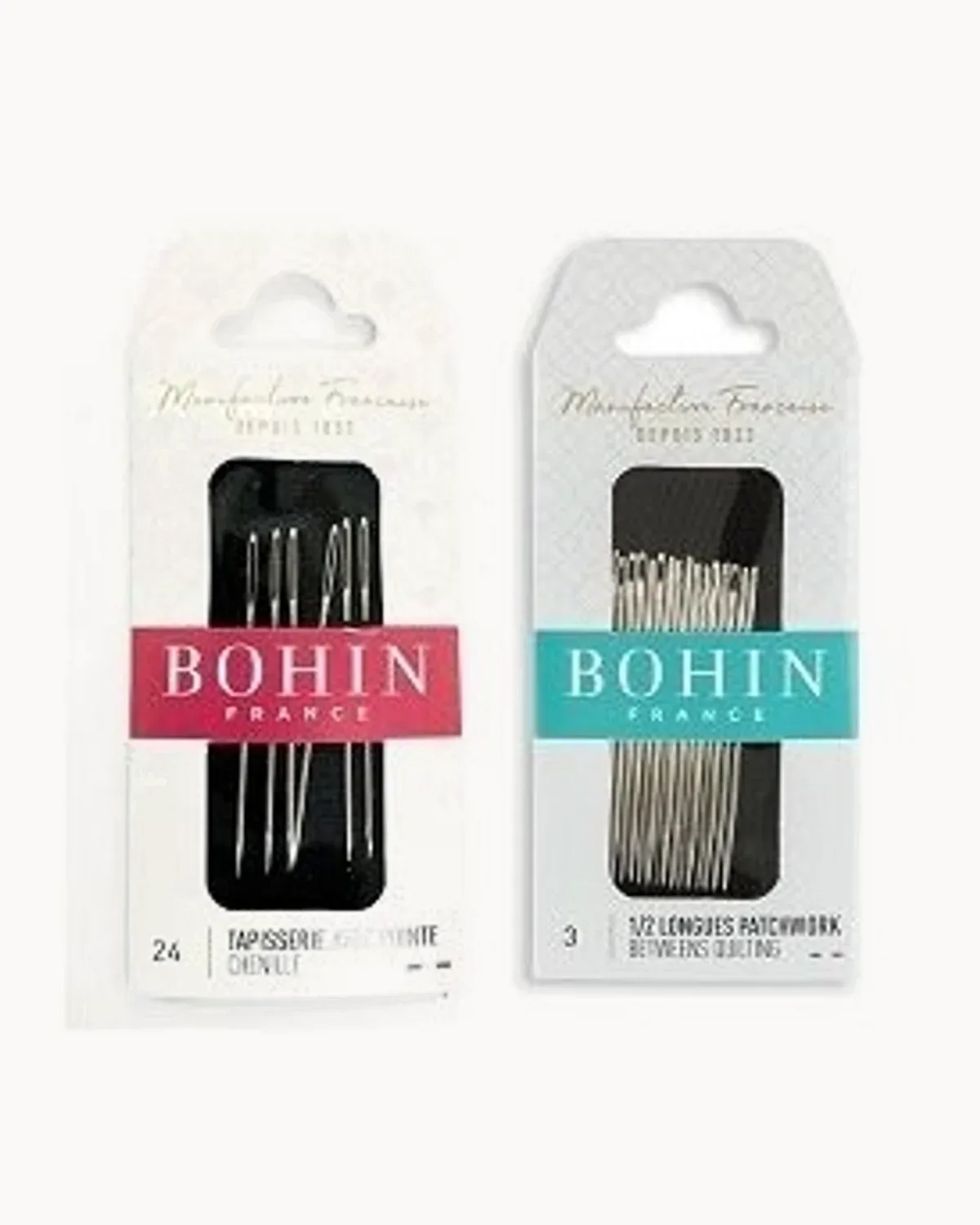 Two Bohin France needle packets, a burgundy tapestry pack and a teal quilting pack