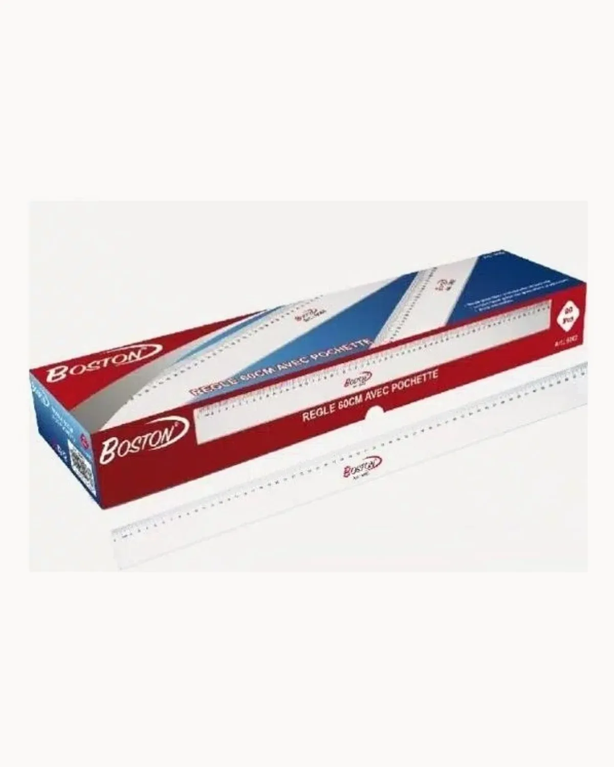 A Boston 60 cm ruler with its printed sleeve and display box