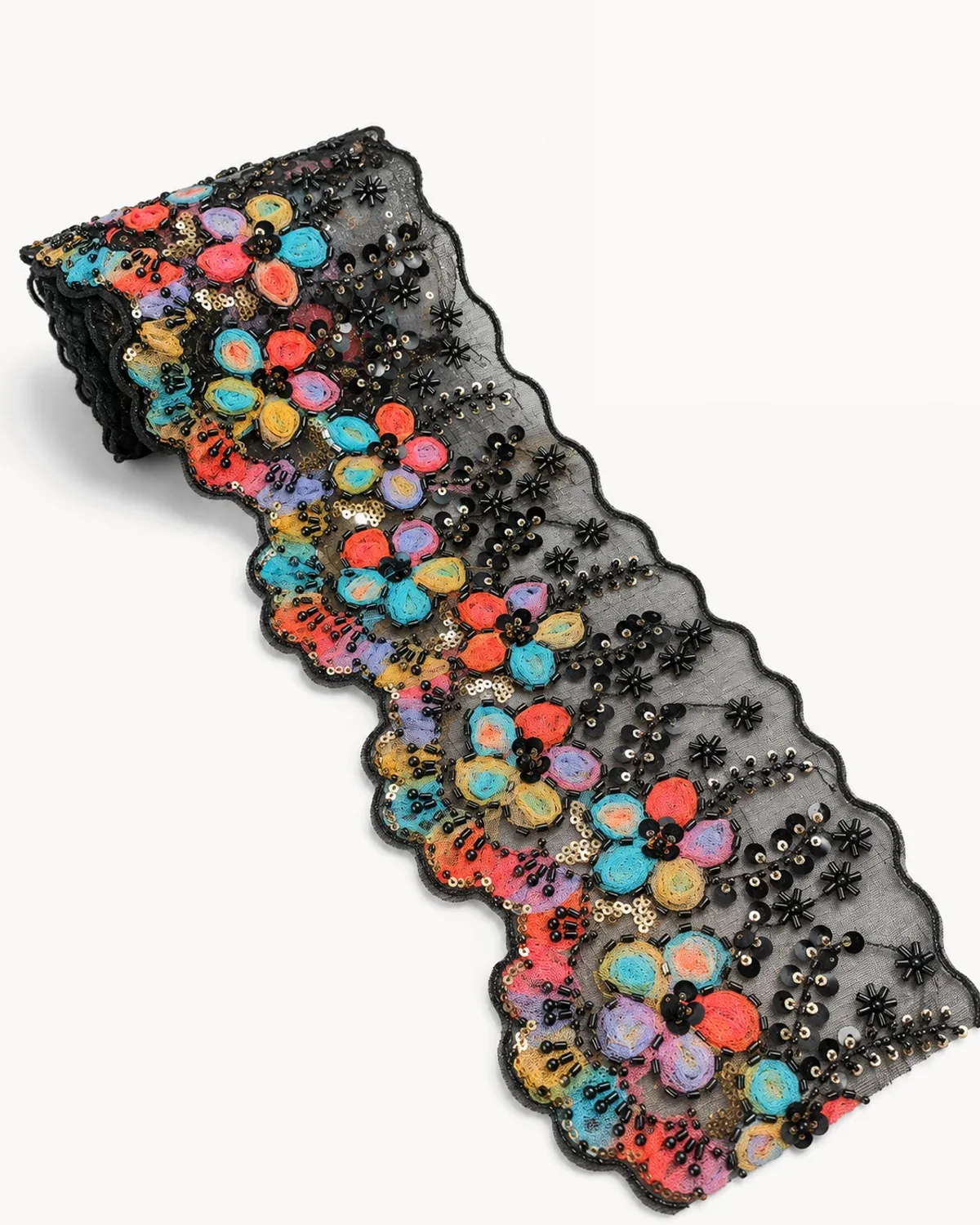 Roll of rainbow multicolor beaded floral lace trim