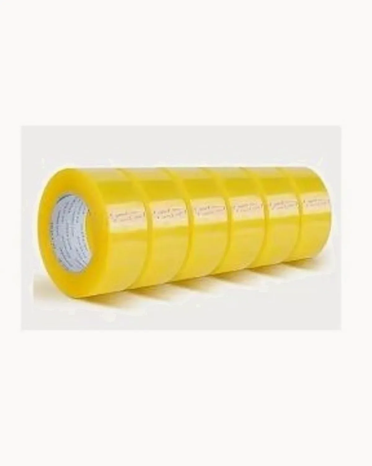 Six rolls of clear adhesive tape stacked in a row