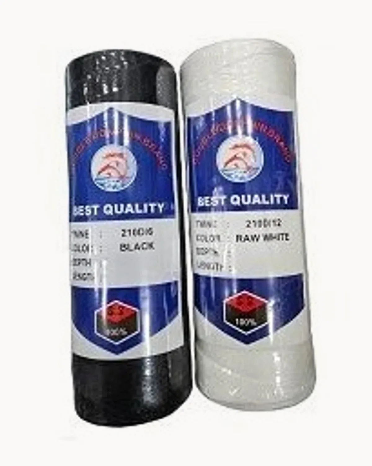 Two cones of cord thread, one black and one raw white