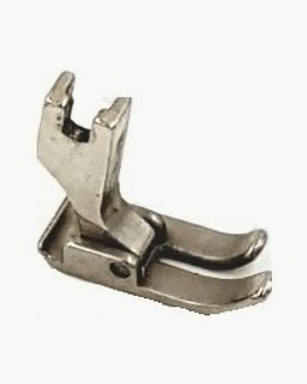 A nickel industrial presser foot with a split toe