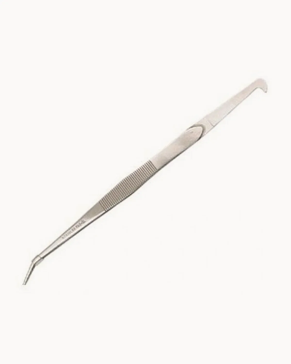 Long curved-tip steel tweezers for threading an overlock machine