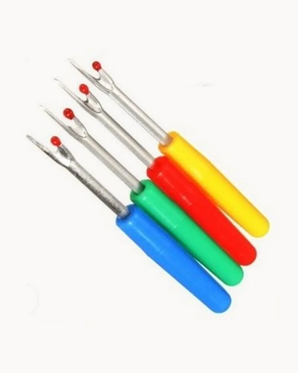 Four large seam rippers with yellow, red, green and blue handles
