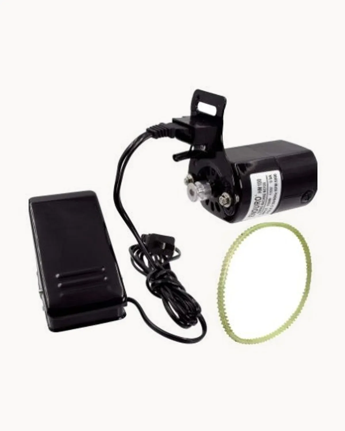 A black sewing machine motor with foot pedal, lead and drive belt