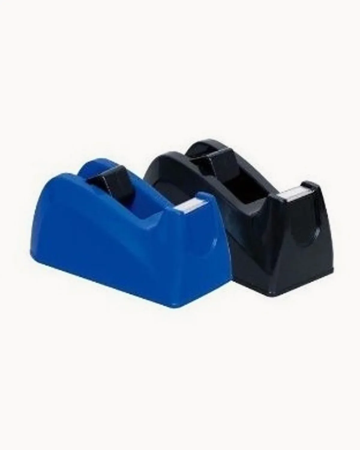 A blue and a black weighted desk tape dispenser side by side